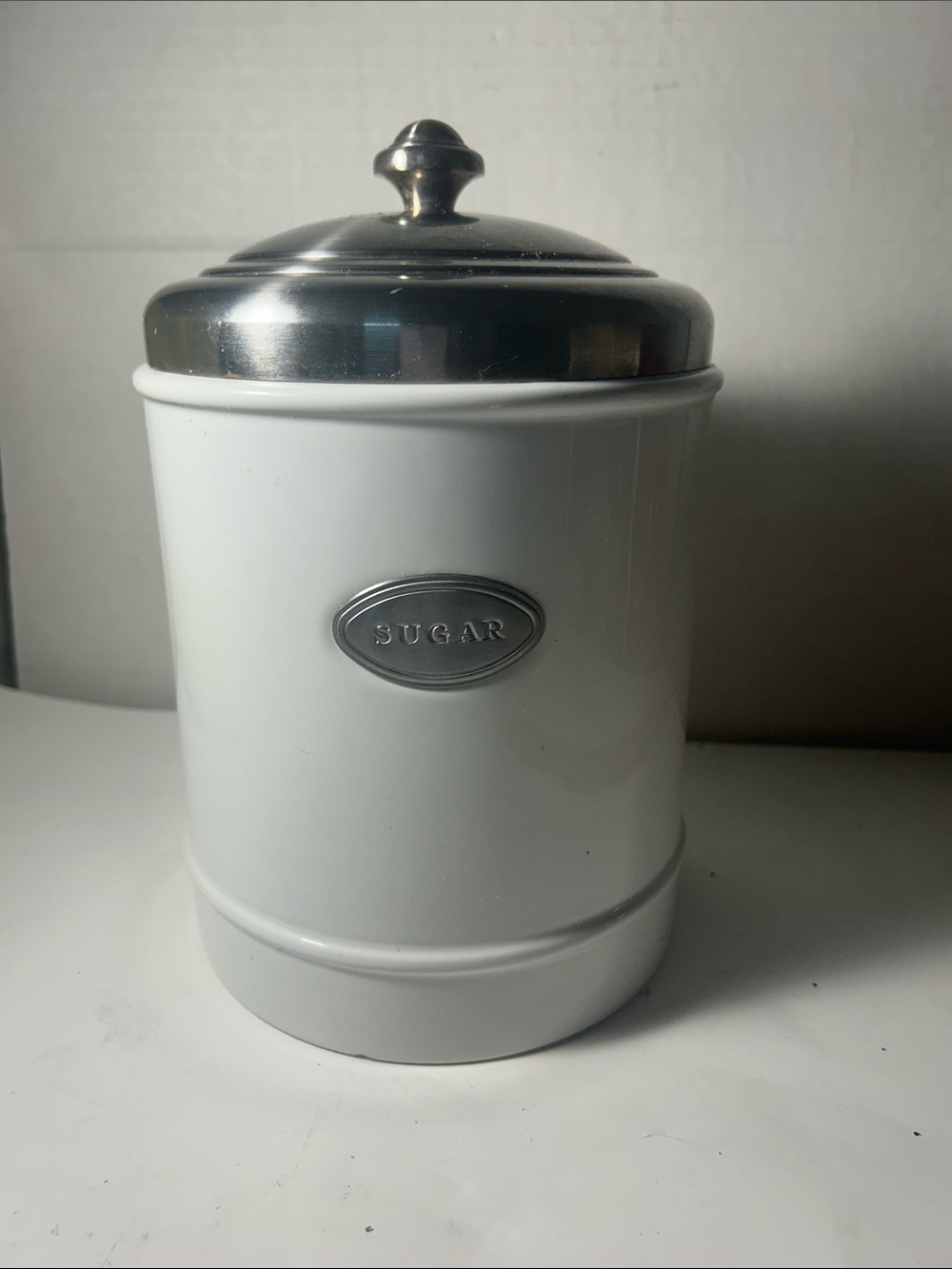 White Sugar Canister with Silver Lid - Classic Kitchen Storage Good seal top.